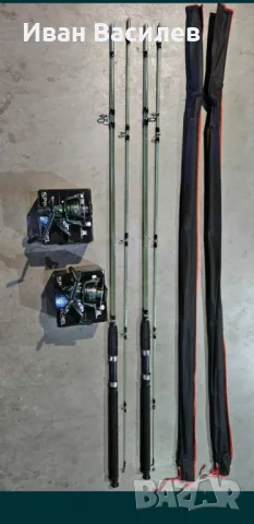 НОВИ!Две въдици 2.7м от фибростъкло плътни 100-250г дъно на две части с две макари 4000 