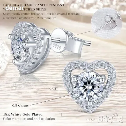 Обeци със сърце от моасанит 0.5 CT, S925 с родиево покритие – за подарък, снимка 4 - Обеци - 55849780