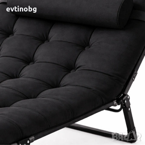 Луксозен Къмпинг Шезлонг и Легло 2в1 180x56см – Черен, с дебел матрак и възглавница, Регулируем, снимка 6 - Градински мебели, декорация  - 53882174