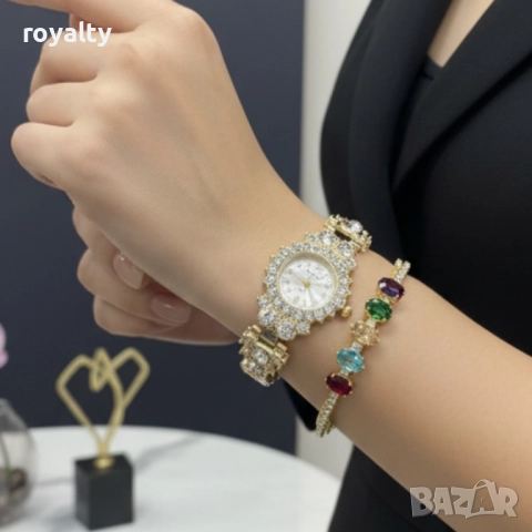 Луксозен дамски комплект – часовник с кристали + гривна с многоцветни камъни
