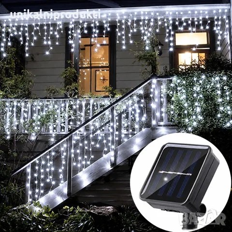 Соларни коледни лампички завеса 100 LED диода 3м студено бяла светлина 