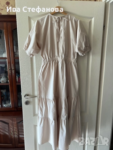 Нова 100 % памук памучна елегантна дълга рокля бежова волани къдри , снимка 2 - Рокли - 50509513