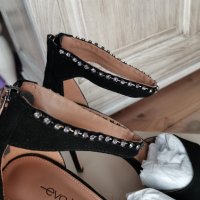 Чисто нови черни естествен велур и кристали Сваровски сандали на висок ток Eva Longoria, снимка 5 - Сандали - 37495782