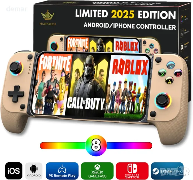 MAJESTECH Контролер за мобилни игри за iPhone/Android, RGB Hall Joystick, снимка 1