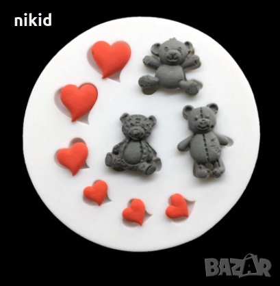 3 малки мечета мече и сърца сърце силиконов молд форма за украса торта с фондан, снимка 1