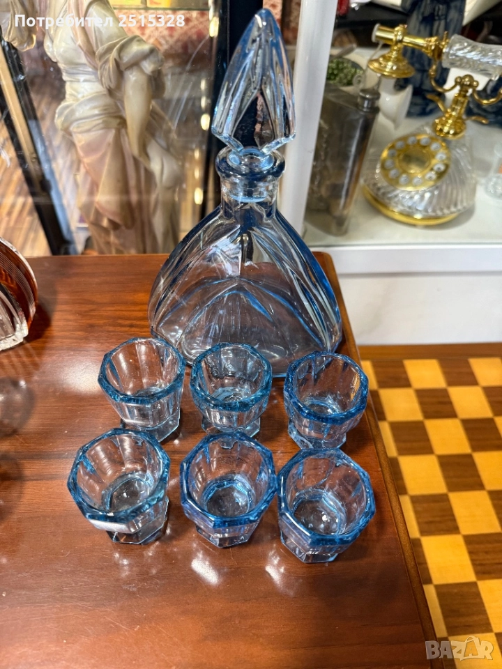 стара кристална синя гарафа с 6 чашки, снимка 1