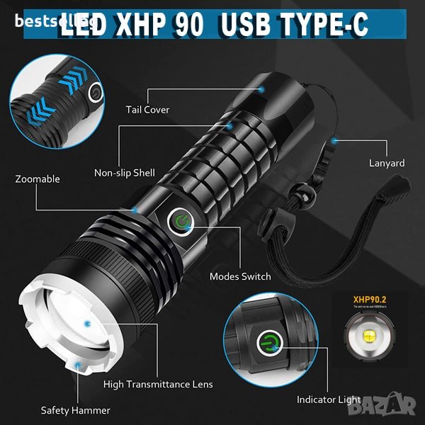 Мощен ръчен лед прожектор P90 фенер акумулаторен зарядно USB лов XHP90, снимка 1