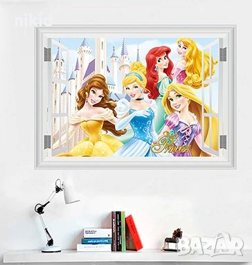 5 принцеси през прозорец самозалепващ стикер лепенка за стена мебел детска стая, снимка 1