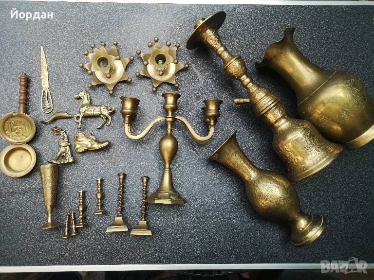 месингови фигури наргиле свещник и вази, снимка 1
