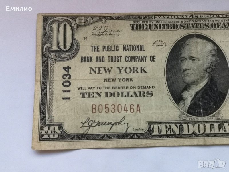 Usa Рядка $ 10 1929 г. The Public National Bank and Trust Company of NEW YORK CH11034, снимка 1