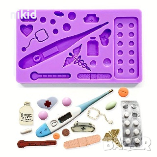 Голям медицински лекарски медицина хапчета термометър силиконов молд форма фондан шоколад гипс декор, снимка 1