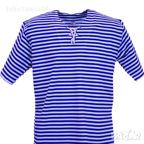 Нова мъжка класическа моряшка тениска с връзки на синьо/бяло райе, снимка 2 - Тениски - 47365185