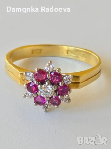 Златен пръстен с Диаманти и Рубини 18 карата,проба 750, снимка 11 - Пръстени - 47890971