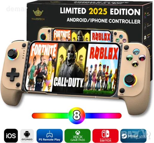 MAJESTECH Контролер за мобилни игри за iPhone/Android, RGB Hall Joystick