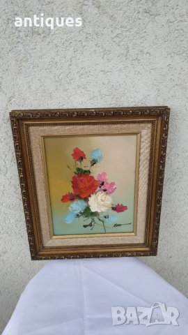 Картина "Цветя" - с рамка и подпис от автора - 36/31см, снимка 5 - Антикварни и старинни предмети - 36815295
