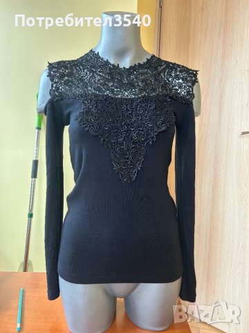 Черна блуза с дантела, снимка 5 - Блузи с дълъг ръкав и пуловери - 44475526