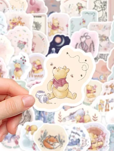 50 бр Мечо Пух и приятели светли самозалепващи лепенки стикери за украса декор картонена торта, снимка 4 - Други - 47947288