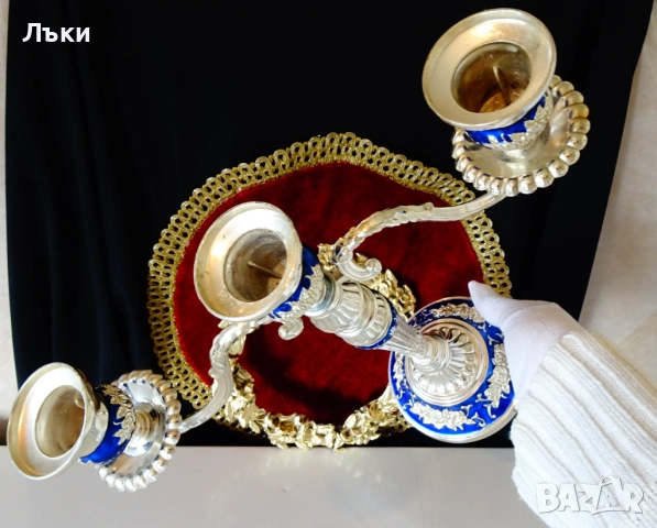 Посребрен троен свещник,рози,кобалт,рококо. , снимка 8 - Антикварни и старинни предмети - 52817267