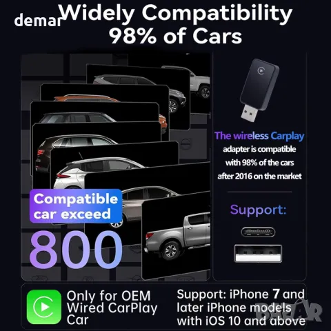 Безжичен CarPlay адаптер Aieloar за iPhone, безжичен Carplay адаптер с бърза връзка, снимка 5 - Аксесоари и консумативи - 50420514