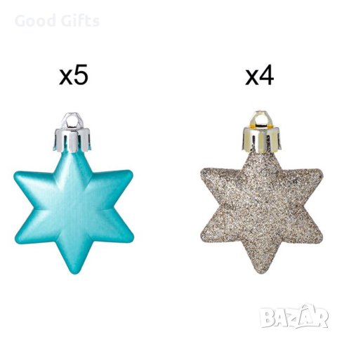 9 броя Комплект коледни звезди за елха, Тюркоаз и Шампан, 5см, снимка 2 - Други стоки за дома - 42686247