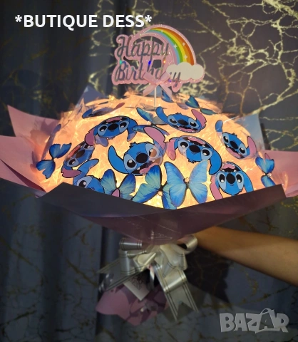 Ръчно изработен светещ букет "Стич", снимка 2 - Подаръци за рожден ден - 53090993