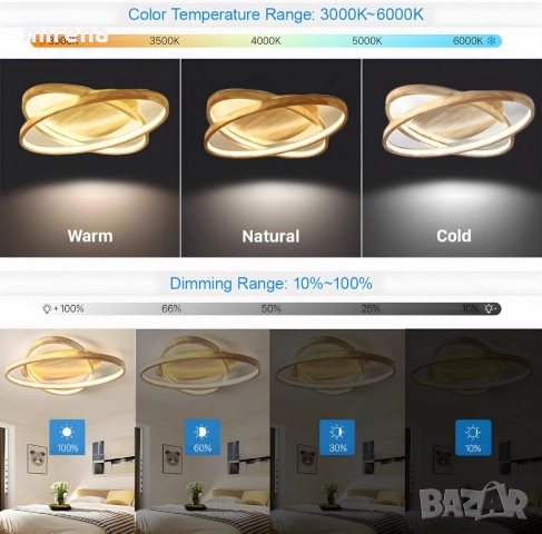 ЛЕД LED дървена таванна лампа полилей, 52см димируема дистанционно 221, снимка 7 - Лампи за таван - 51556268