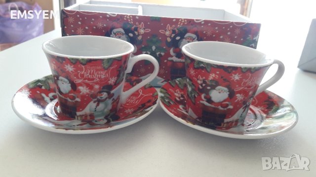 2 бр. Коледни малки чаши за кафе с чинийки