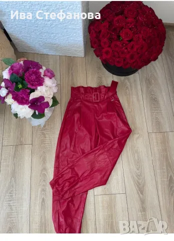 Нов кожен панталон висока талия вишнев бордо цвят лек потур шалвар , снимка 4 - Панталони - 47791891