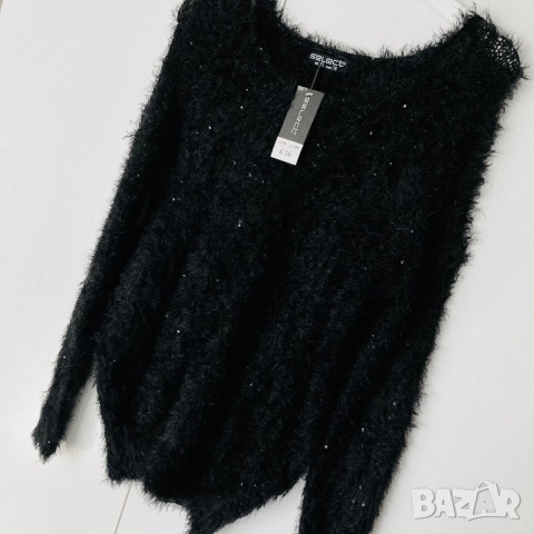 Разпродажба Дамски черен пухкав пуловер с пайети Нов, снимка 2 - Блузи с дълъг ръкав и пуловери - 52881428