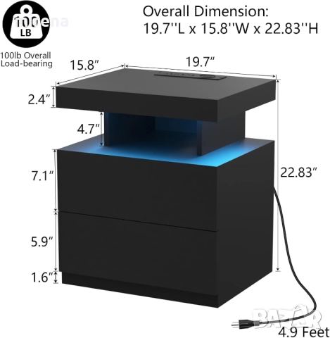 Нощно шкафче лед LED 2 контакта, 2 USB портове, модерно нощно шкафче, снимка 2 - Шкафове - 52240487