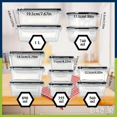 Комплект от 12 кутии за храна за обяд – пластмасови контейнери с капаци, снимка 2 - Кутии за съхранение - 52859255
