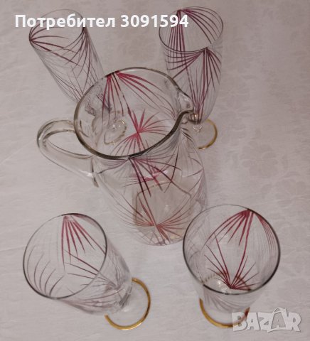  Винтидж Германия ,Комплект кана и 4 чаши за вино рисуваниано стъкло , снимка 4 - Други ценни предмети - 44422620
