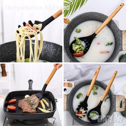 Комплект аксесоари за готвене Силиконови с дървени дръжки, снимка 9 - Прибори за хранене, готвене и сервиране - 39982609