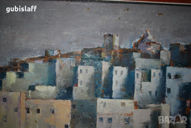 Стара огромна картина, градски пейзаж, Цв. Цветков,1982, снимка 4 - Картини - 31180718