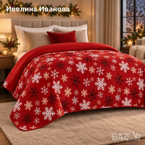 Червена капитонирана кувертюра за легло със снежинки.