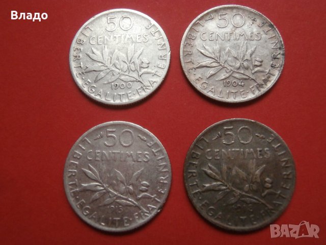 Сребърни монети 50 сантима 1900, 1904, 1913 и 1918, снимка 3 - Нумизматика и бонистика - 42098893
