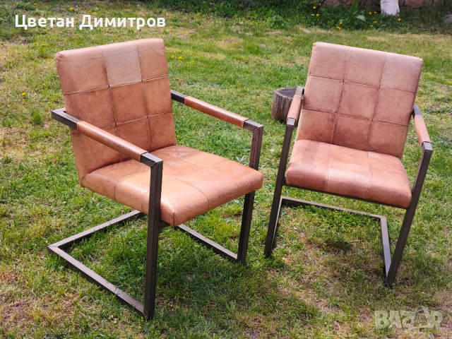 Конзолен трапезен стол в ретро индустриален стил, изработен от естествена кожа и метал. , снимка 8 - Столове - 54179904