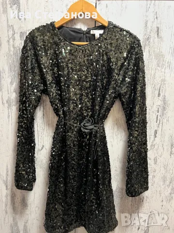блестяща нова  къса парти коктейлна официална тъмно маслено зелена еластична рокля пайети, снимка 13 - Рокли - 48144445