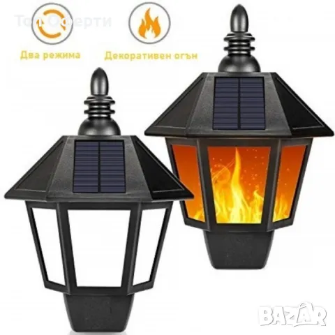 Соларен фенер с декоративен огън, монтаж на стена и два режима на осветление, снимка 6 - Соларни лампи - 49123565