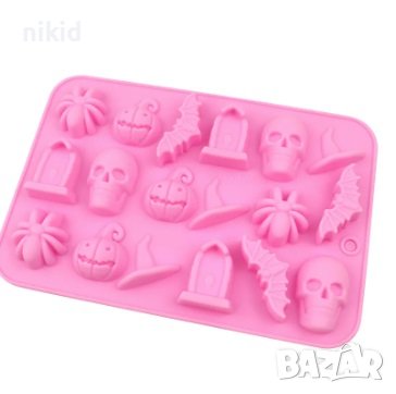 18 Хелоуин Череп прилеп тиква гроб паяк шапка Halloween силиконов молд форма фондан гипс шоколад, снимка 3 - Форми - 42842501