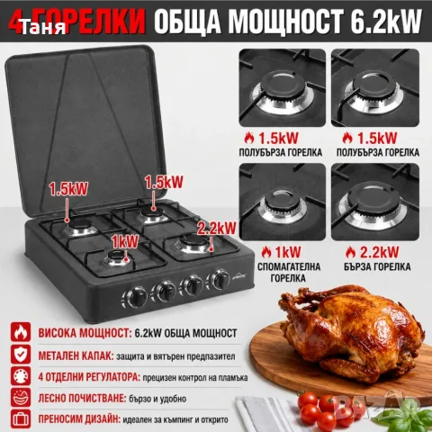 Мощен газов котлон 6,2 kW с 4 горелки и капак – Комплект с маркуч и регулатор