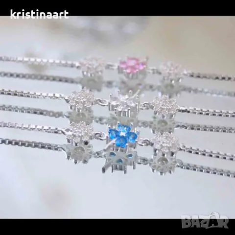 Сребърна гривна * Синя Детелина* с кристали, снимка 4 - Гривни - 48163837