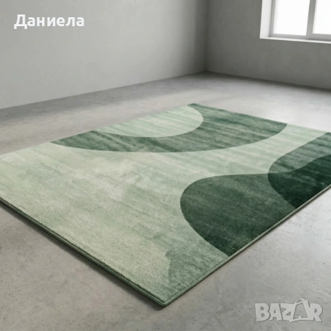 Модерен килим за хол 120х160см - Зелени вълни на светъл фон и 3D ефект, Противоплъзгащ, снимка 4 - Килими - 53882181