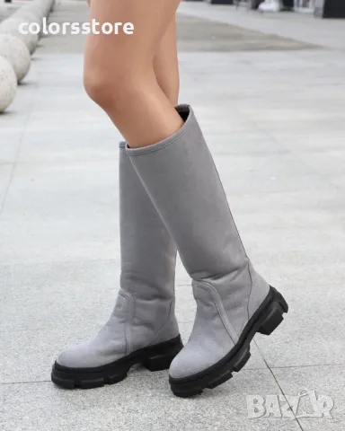 Равни ботуши - сив велур - BMK10, снимка 2 - Дамски ботуши - 48427717