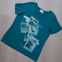Синьо-зелена блуза със сребристо-бяла щампа, снимка 1 - Тениски - 29253582