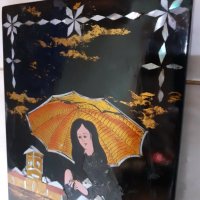 Уникална японска лакова картина с интарзия от седеф, снимка 3 - Антикварни и старинни предмети - 44164955