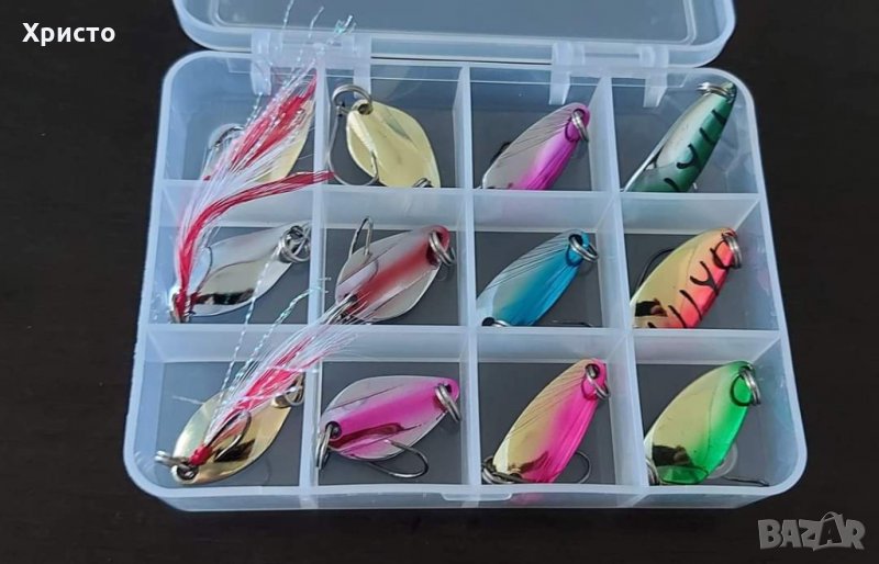12бр КЛАТУШКИ БЛЕСНИ В КУТИЯ,СПИНИНГ РИБОЛОВ,ПЪСТЪРВА,КОСТУР,КЕФАЛ,примамки,блесна,воблер, снимка 1
