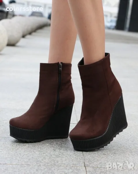 Боти на платформа - кафяв велур с черно ходило - BNP1, снимка 1