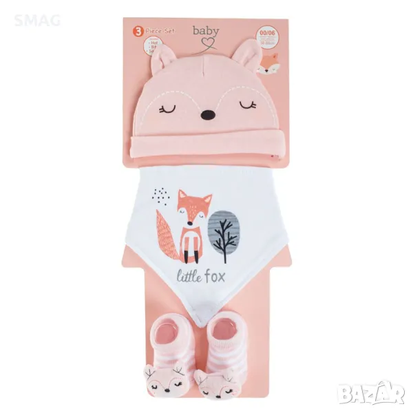 Комплект за новородено Шапка, лигавник и чорапи 3D Лисица в бяло и розово S_1230316, снимка 1