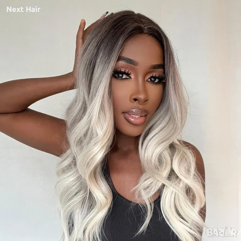 Омбре перука със средна дължина — тъмни корени и пепеляво светлоруси краища, чуплива текстура, снимка 1